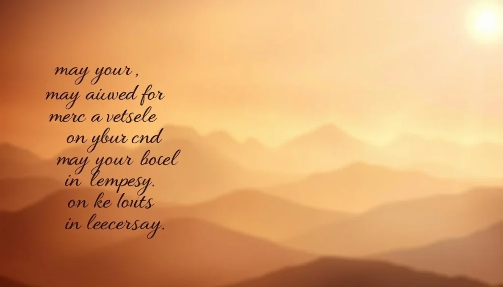 A serene and contemplative scene of religious words of comfort in a soft, ethereal light. In the foreground, a calligraphic rendering of comforting phrases like "may your soul find peace" and "in loving memory" appears to float against a backdrop of warm, muted tones. The middle ground features delicate, abstract patterns reminiscent of stained glass, casting a gentle glow. In the background, a dreamlike landscape with soft, hazy mountains and a glowing, atmospheric sky creates a sense of transcendence and spiritual resonance. The overall composition evokes a meditative, soothing atmosphere suitable for a death anniversary remembrance.